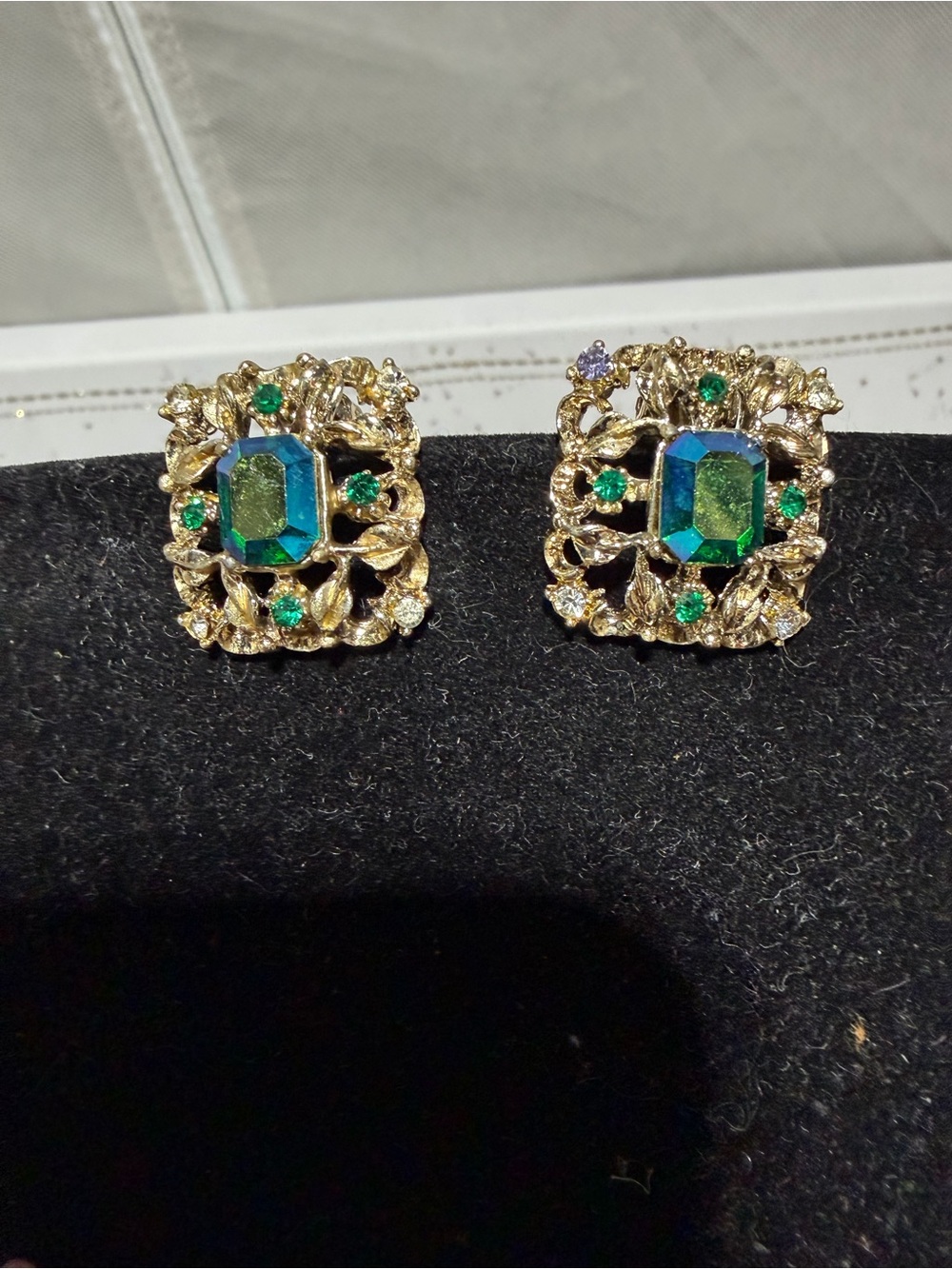 Vintage Coro Green Watermelon Aurora Borealis Rhinestone Filigree Clip Earrings
